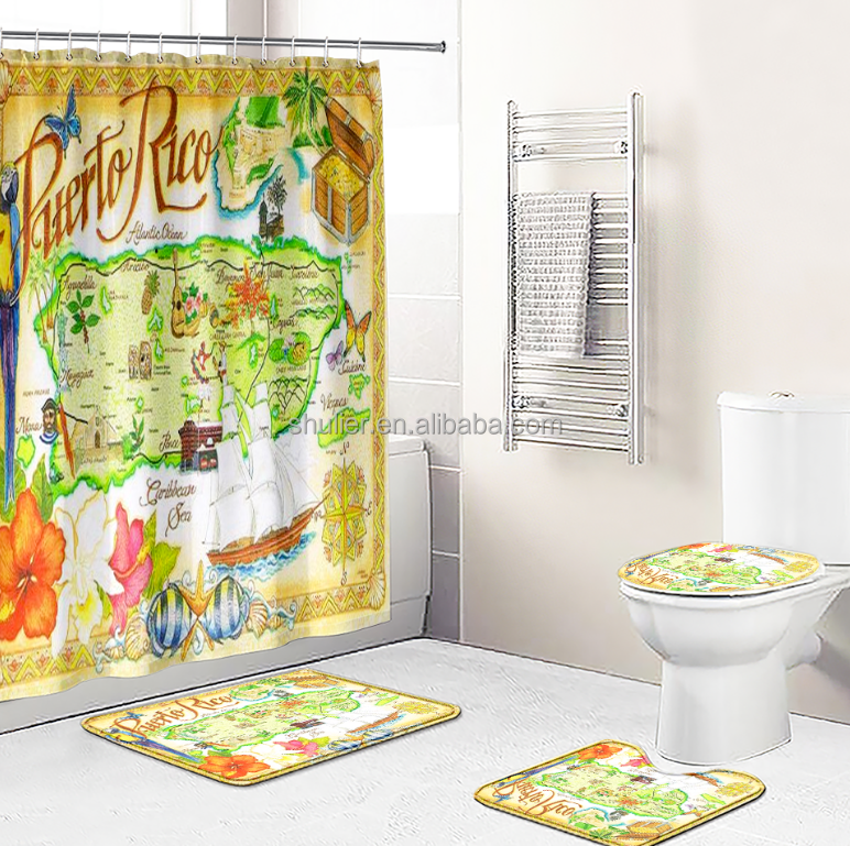 Puerto Rico Souvenir Flag Hibiscus Rooster Polyester Waterproof Frog Shower Curtain Set