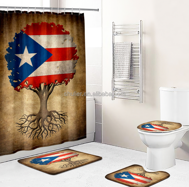 Puerto Rico Souvenir Flag Hibiscus Rooster Polyester Waterproof Frog Shower Curtain Set