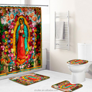 Custom Printed wholesale Bathroom waterproof Our Lady of Guadalupe 3D polyester Shower Curtain Sets with rugs