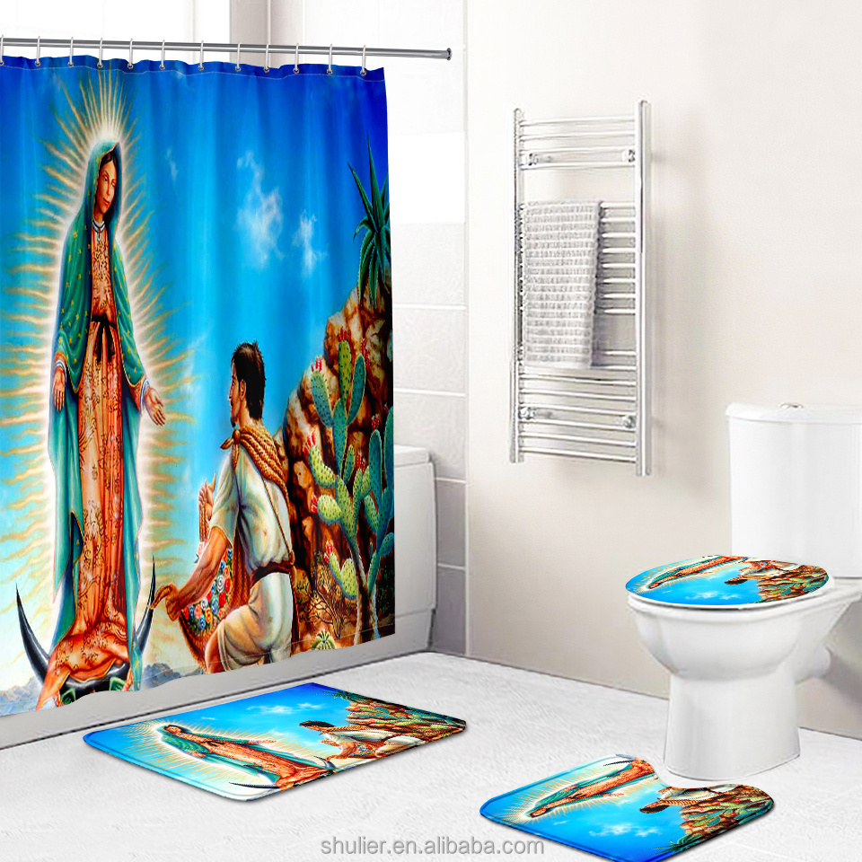 3d print  4 piece designers Guadalupe's Virgin bathroom shower curtain set