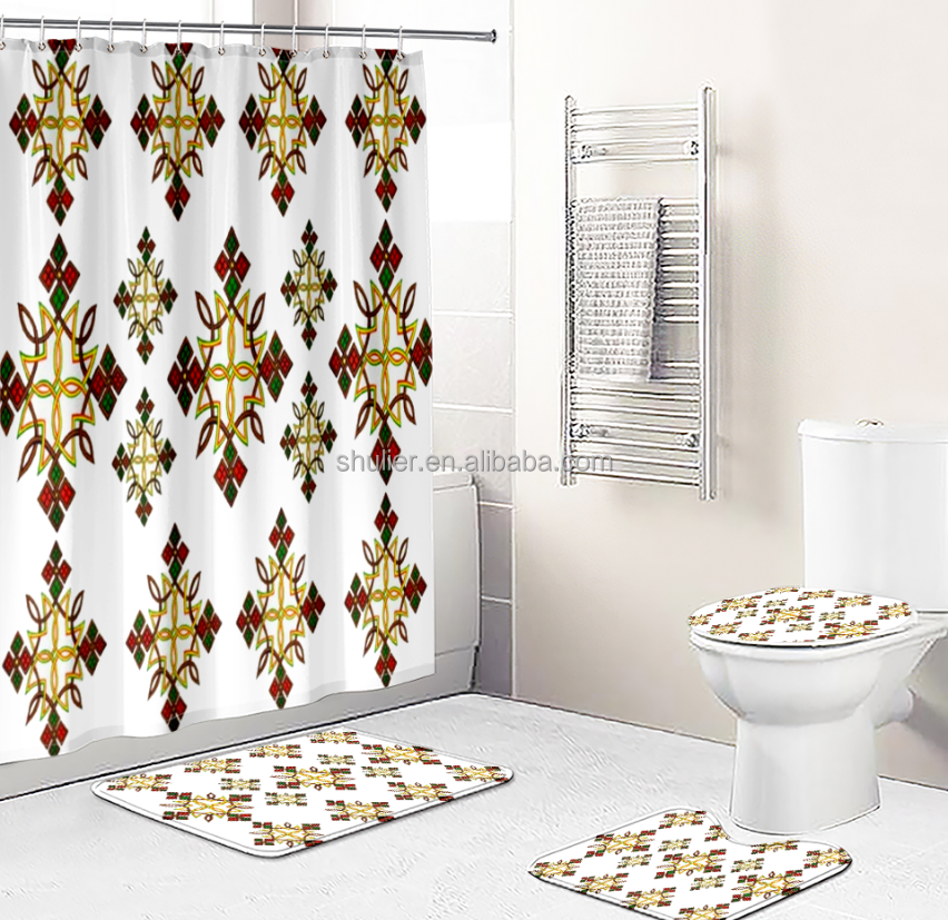 custom  4 Pieces  Bathroom Decor Ethiopian Cross Meskel Waterproof Fabric Bath Curtain with Hooks,Bathroom Shower Curtain 72