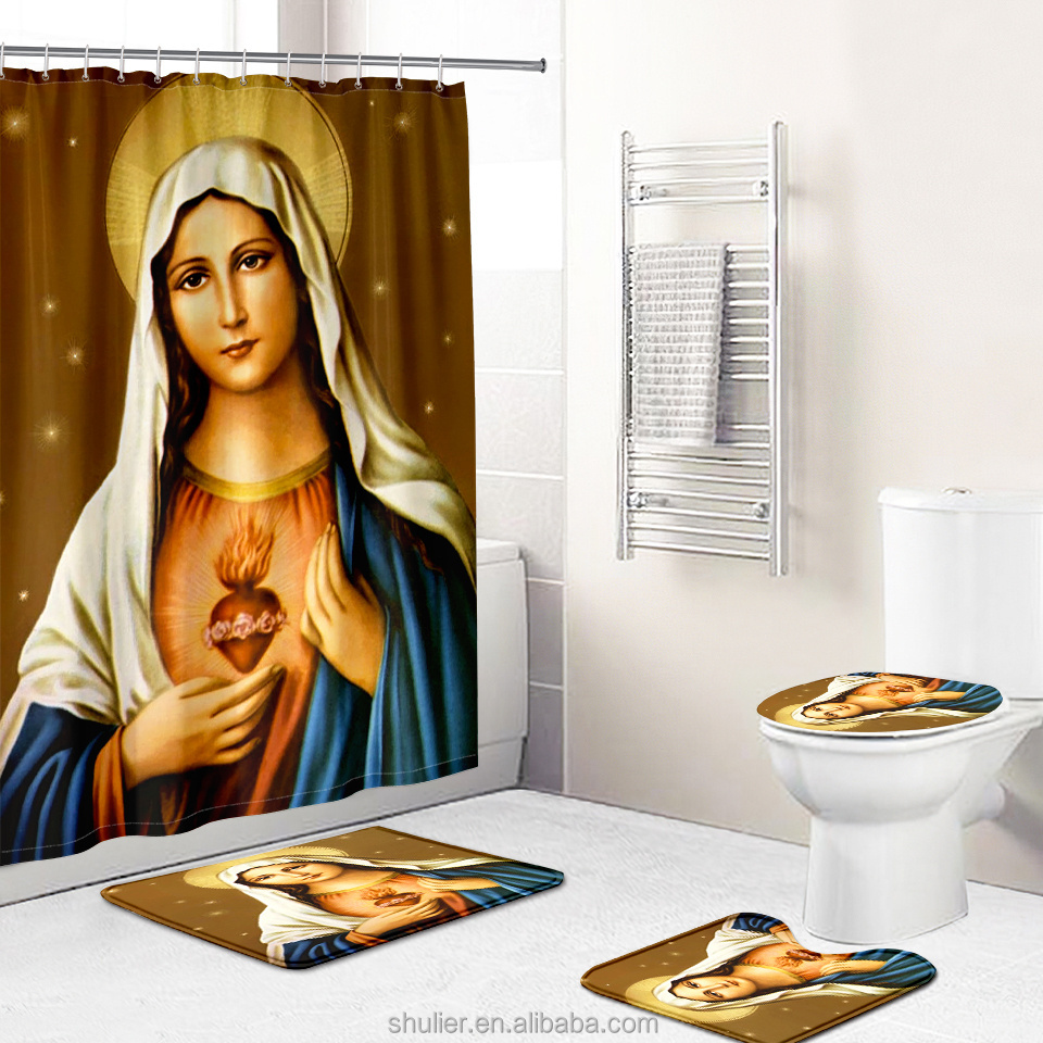 3d print  4 piece designers Guadalupe's Virgin bathroom shower curtain set