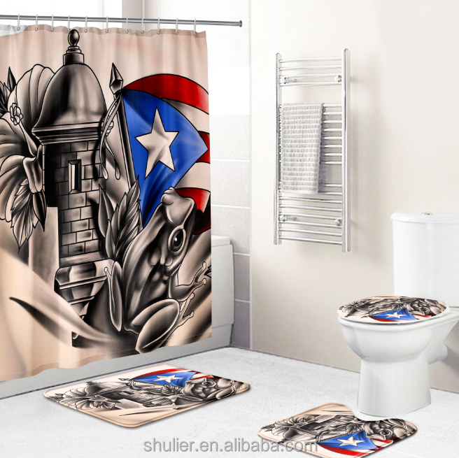 Wholesale custom 3D printed hot Puerto Rico souvenir logo high quality waterproof shower curtain set for the bathroom