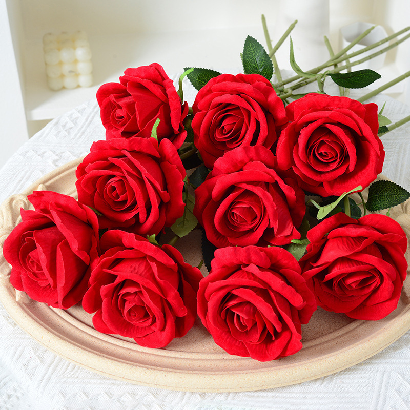 Wedding red flowers giant velvet real looking rose decoration artificial flower