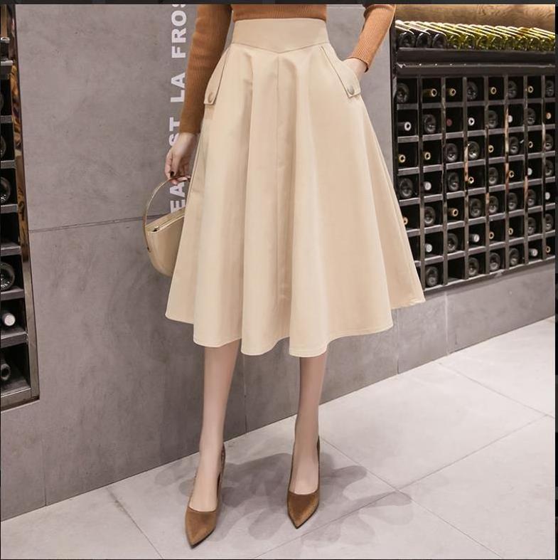 Wholesale 2021 Autumn New Design Slimming High Waist Skirt Office Lady Long Pleated Skirt Pocket Button Big Hem Umbrella Skirt