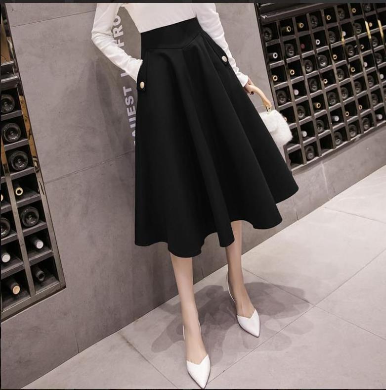 Wholesale 2021 Autumn New Design Slimming High Waist Skirt Office Lady Long Pleated Skirt Pocket Button Big Hem Umbrella Skirt