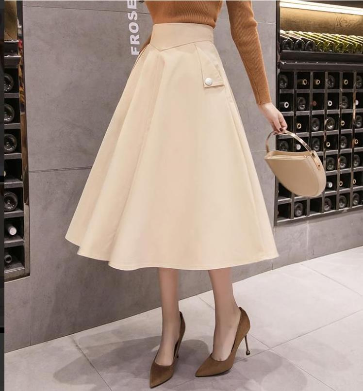 Wholesale 2021 Autumn New Design Slimming High Waist Skirt Office Lady Long Pleated Skirt Pocket Button Big Hem Umbrella Skirt