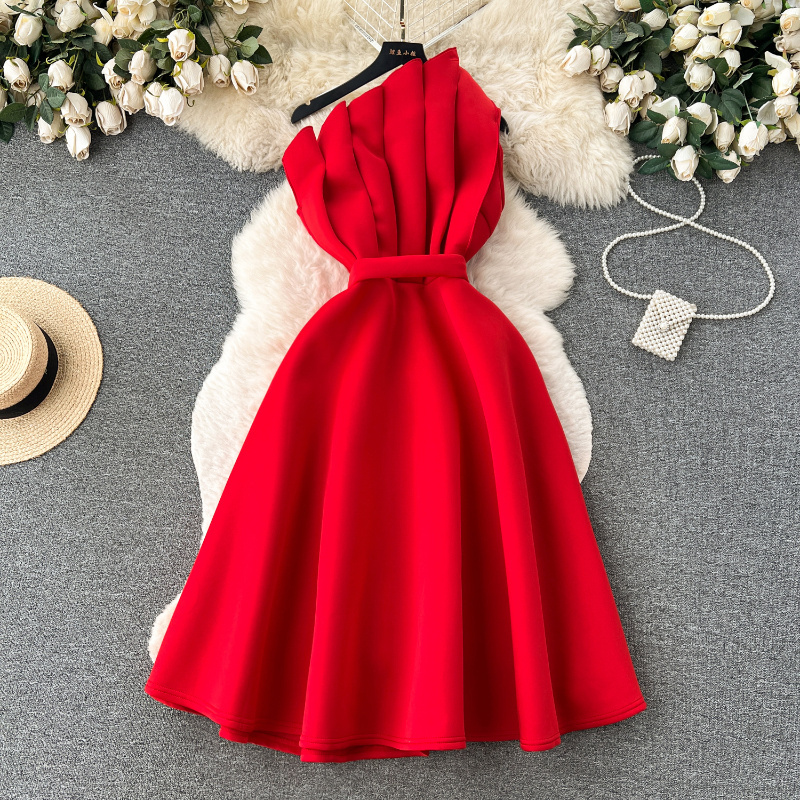 Luxury Three Dimensional Tube Dress Women's Elegant Retro Slimming Dress Female Collarless High Waist Dress