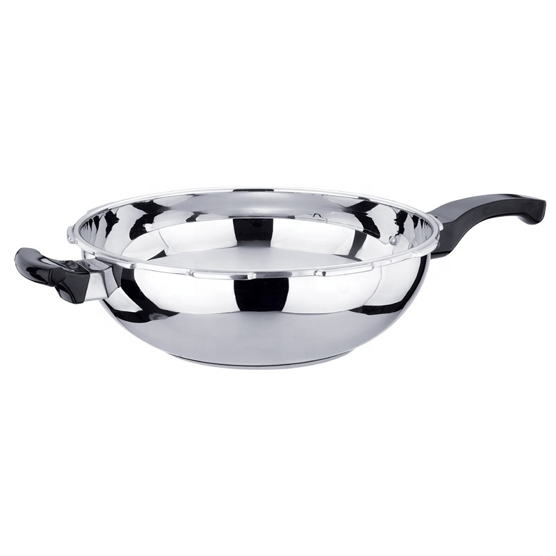 Popular Middle Pressure Frying Pan 304 Stainless Steel with Polished Surface and Glass Lid Convenient Safe