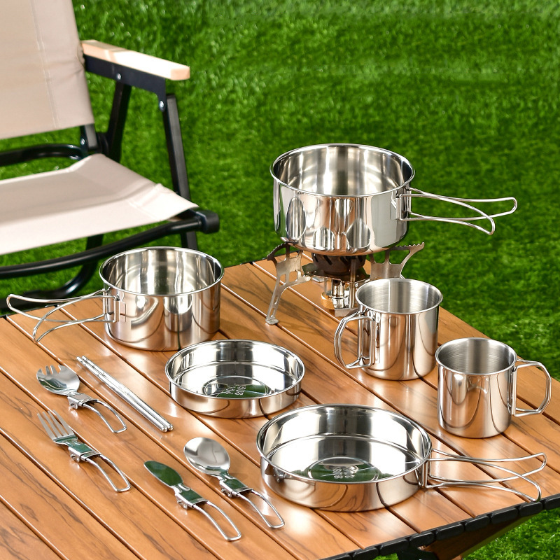 304 Stainless Steel Camping Cooking Set Cookware Portable Outdoor Hiking Picnic BBQ Mess Kits with Cups