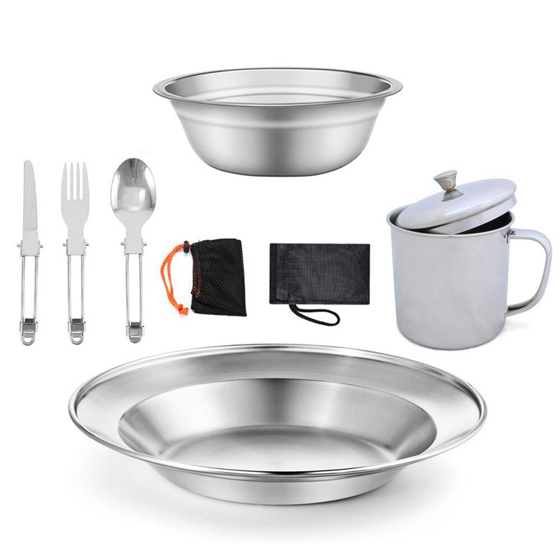 Portable Outdoor Hiking Picnic Stainless Steel Camping Cooking Set Cookware BBQ Mess Kits with Cups for one person