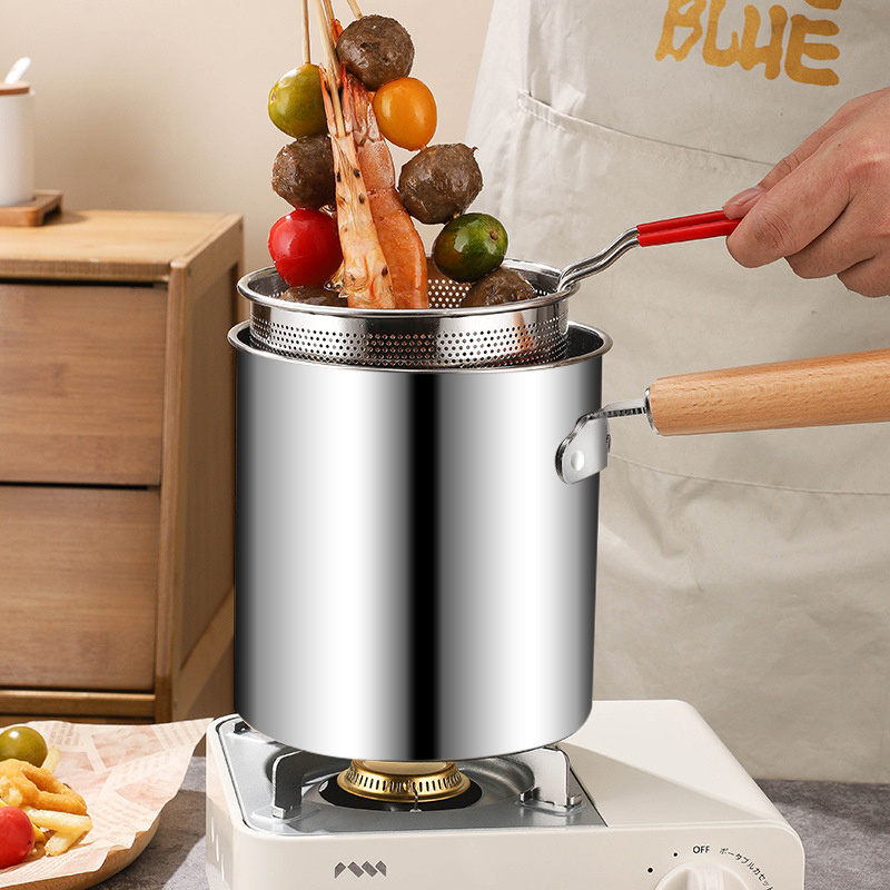 Noodle pot with basket deep fry 304 stainless steel fryer pot french fries fried chicken tempura frying pot wooden hands