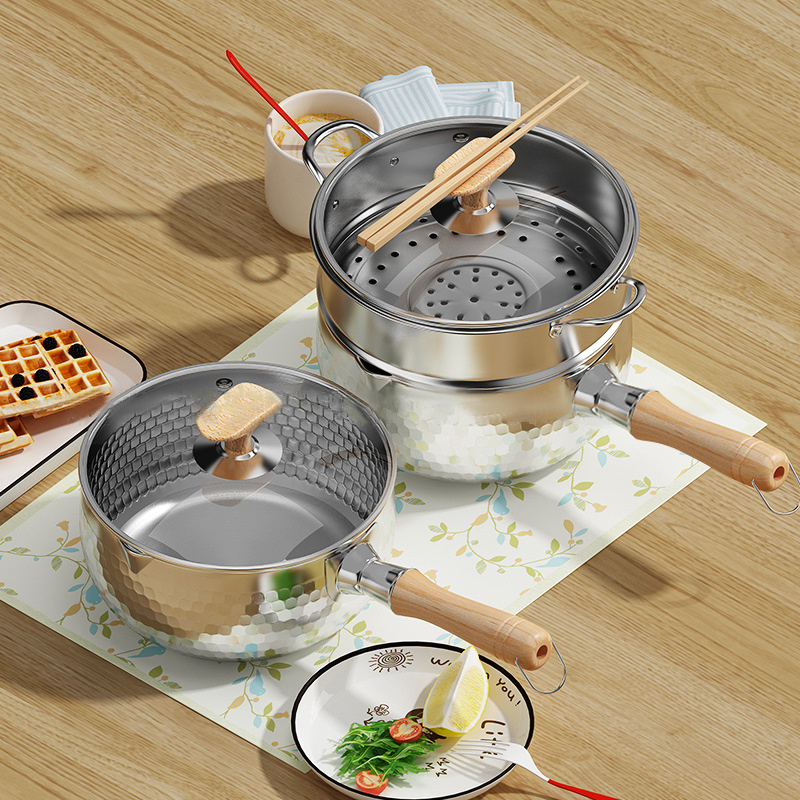 Tri-ply Hammer Snow Pan Stock Pots 304 Stainless Steel Sauce Pot Milk Pan Japanese Style Saucepan with Wooden Handle Steamer