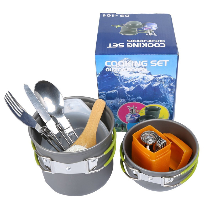 Outdoor Hiking Picnic Aluminum Camping Cooking Set Accessories Portable and Lightweight Cookware Mess Kit Pot Pan and Teapot