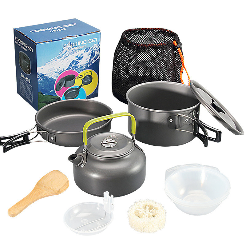 Non-Stick Cooking Camping Cookware Set Gear Campfire Lightweight Stackable Pot Pan Bowls for Outdoor Hiking