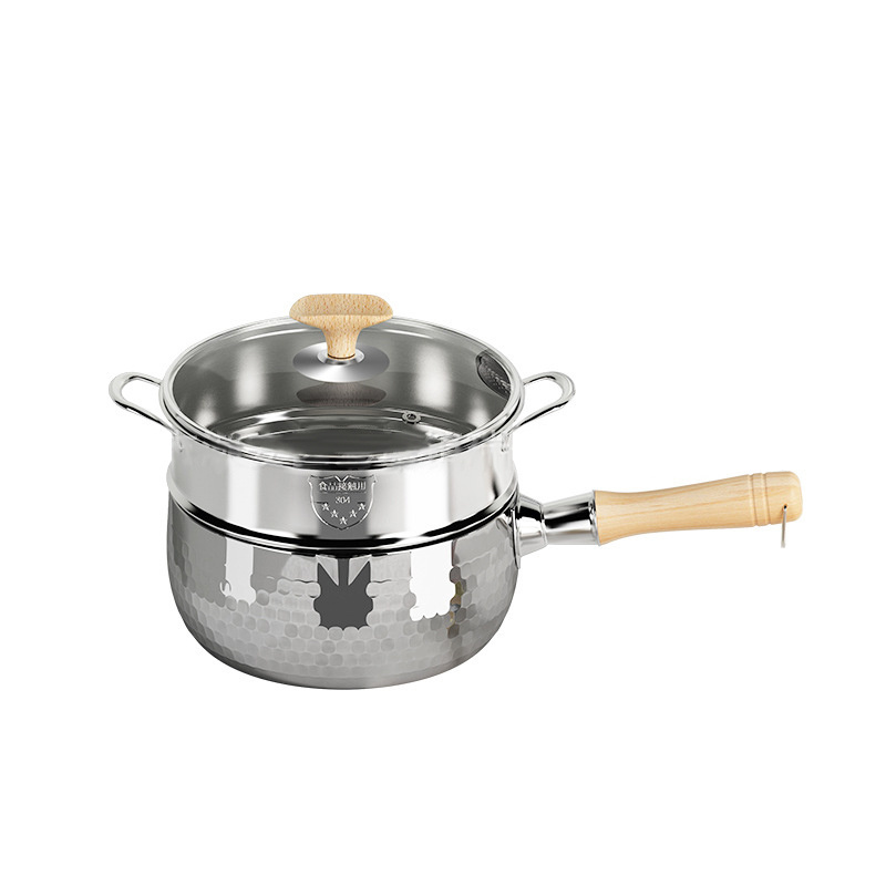 Tri-ply Hammer Snow Pan Stock Pots 304 Stainless Steel Sauce Pot Milk Pan Japanese Style Saucepan with Wooden Handle Steamer