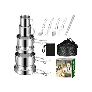 304 Stainless Steel Camping Cooking Set Cookware Portable Outdoor Hiking Picnic BBQ Mess Kits with Cups