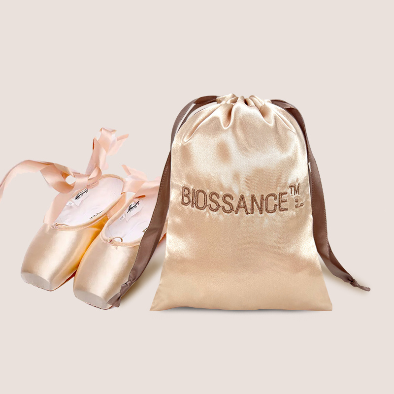 Custom logo gold champagne satin ballet shoes bag high quality shoes pouch