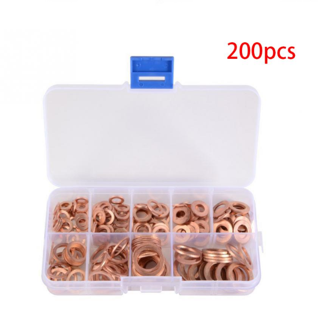 200 Pcs Injector Copper Crush Washer Gasket Flat Ring Seal Assortment Kit with Box for Sump Plugs