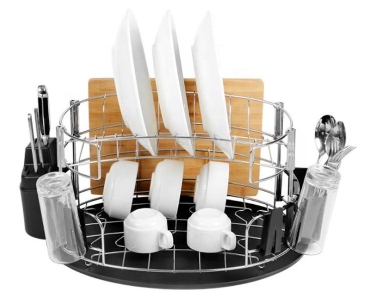 BSCI Big Capacity Oval 2-Tiers Dish Drainer With Plastic Tray, Cutlery Holder, Chopping Board Rack