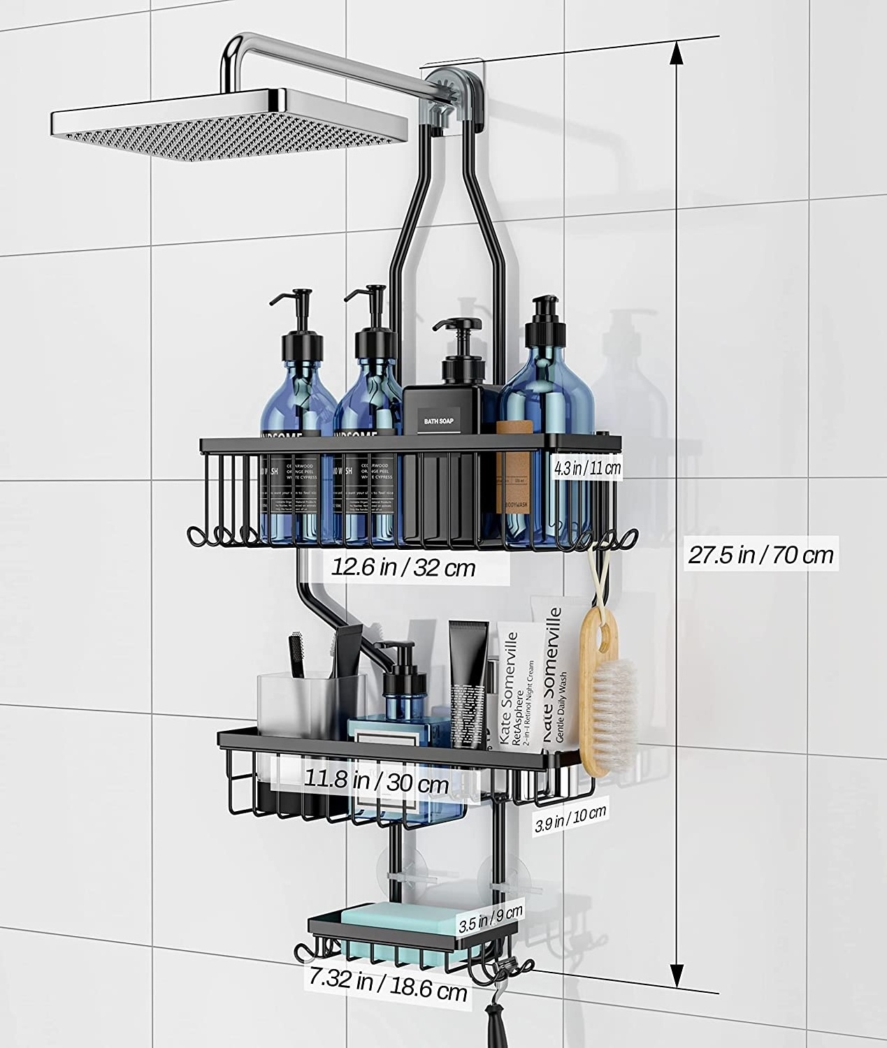 Metal Wire Hanging Shower Caddy,  for Shampoo, Conditioner, and Soap with Hooks