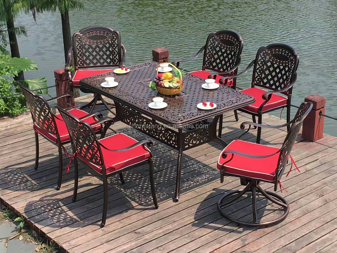 Best price outdoor furniture garden use dining set long red copper cast aluminum set