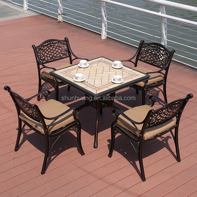 Good price outdoor patio cast aluminum furniture all weather dining sets Mosaic BBQ table with cast aluminum chairs