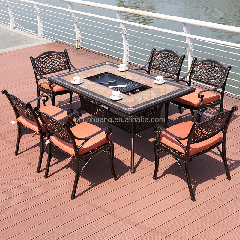 Good price outdoor patio cast aluminum furniture all weather dining sets Mosaic BBQ table with cast aluminum chairs