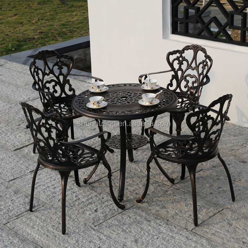 Waterproof outdoor metal furniture cast aluminum dining set armrest chair round table outdoor patio furniture