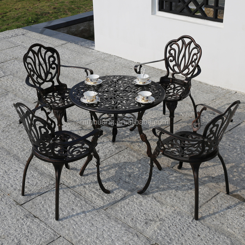 Waterproof outdoor metal furniture cast aluminum dining set armrest chair round table outdoor patio furniture