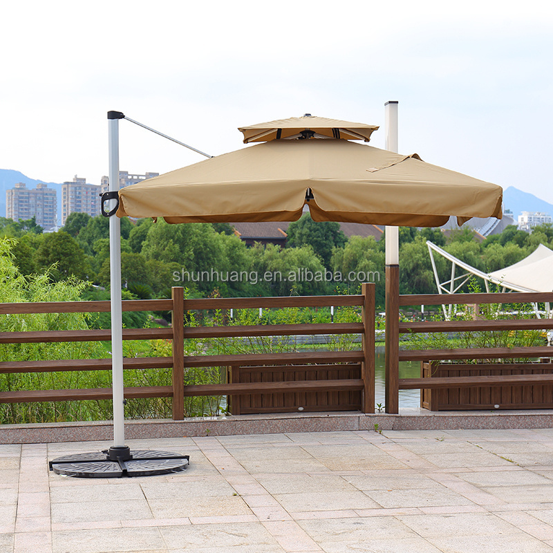 Good quality outdoor parasol  square double top roman umbrella aluminum frame with marble base side umbrella