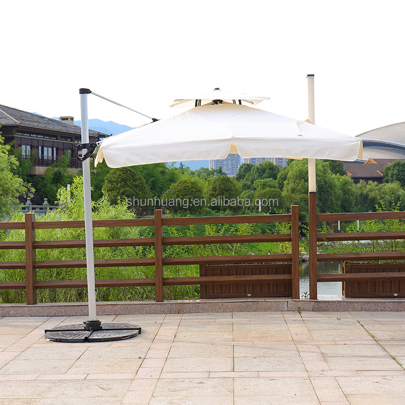 Good quality outdoor parasol  square double top roman umbrella aluminum frame with marble base side umbrella