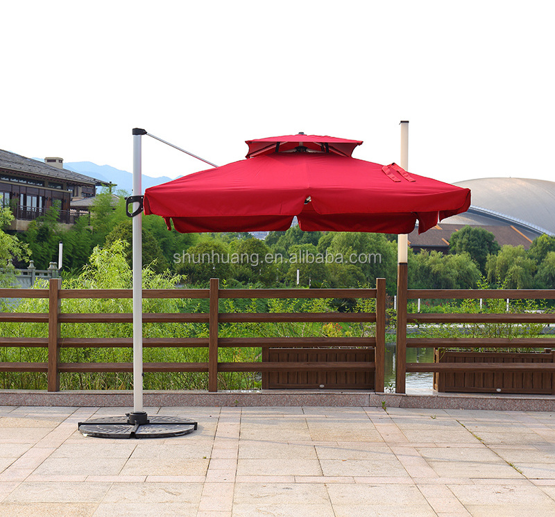 Good quality outdoor parasol  square double top roman umbrella aluminum frame with marble base side umbrella