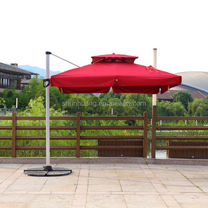 Good quality outdoor parasol  square double top roman umbrella aluminum frame with marble base side umbrella