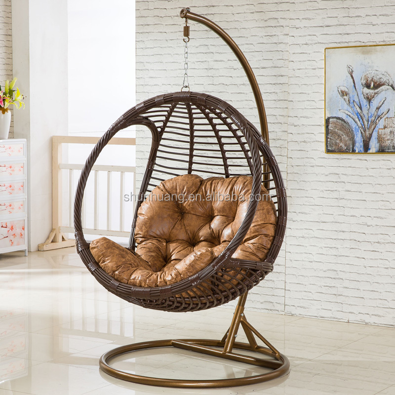 Outdoor or indoor round PE rattan swing chair metal frame single hanging chair with cushion