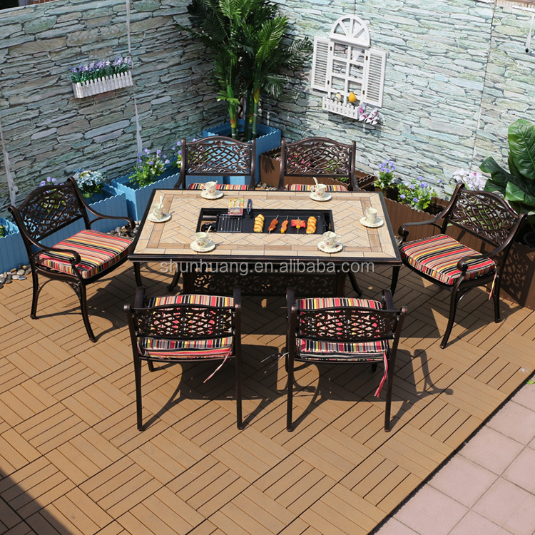 Good price outdoor patio cast aluminum furniture all weather dining sets Mosaic BBQ table with cast aluminum chairs