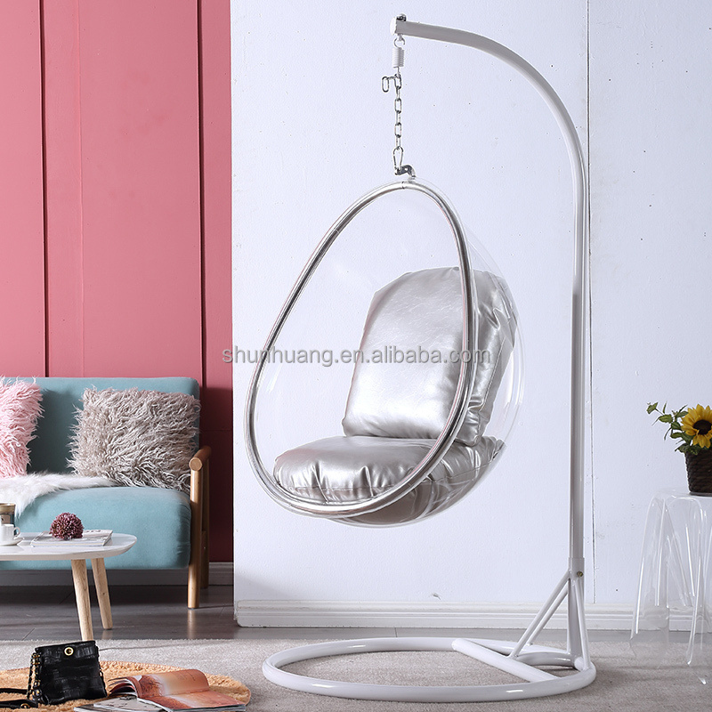 Leisure garden hammock swing chair stainless steel  acrylic hanging chair outdoor golden floor stand hanging bubble chair