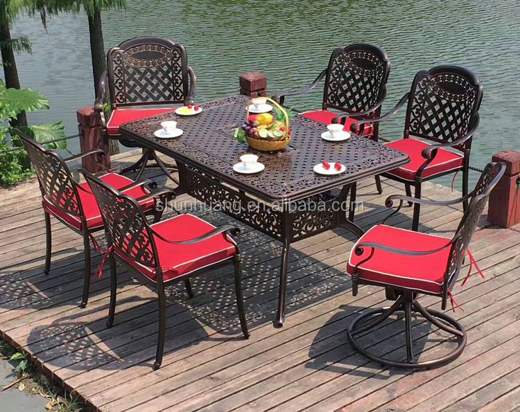 Best price outdoor furniture garden use dining set long red copper cast aluminum set