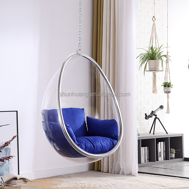 Leisure garden hammock swing chair stainless steel  acrylic hanging chair outdoor golden floor stand hanging bubble chair