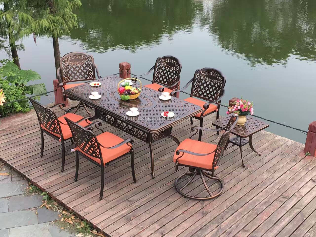 Best price outdoor furniture garden use dining set long red copper cast aluminum set