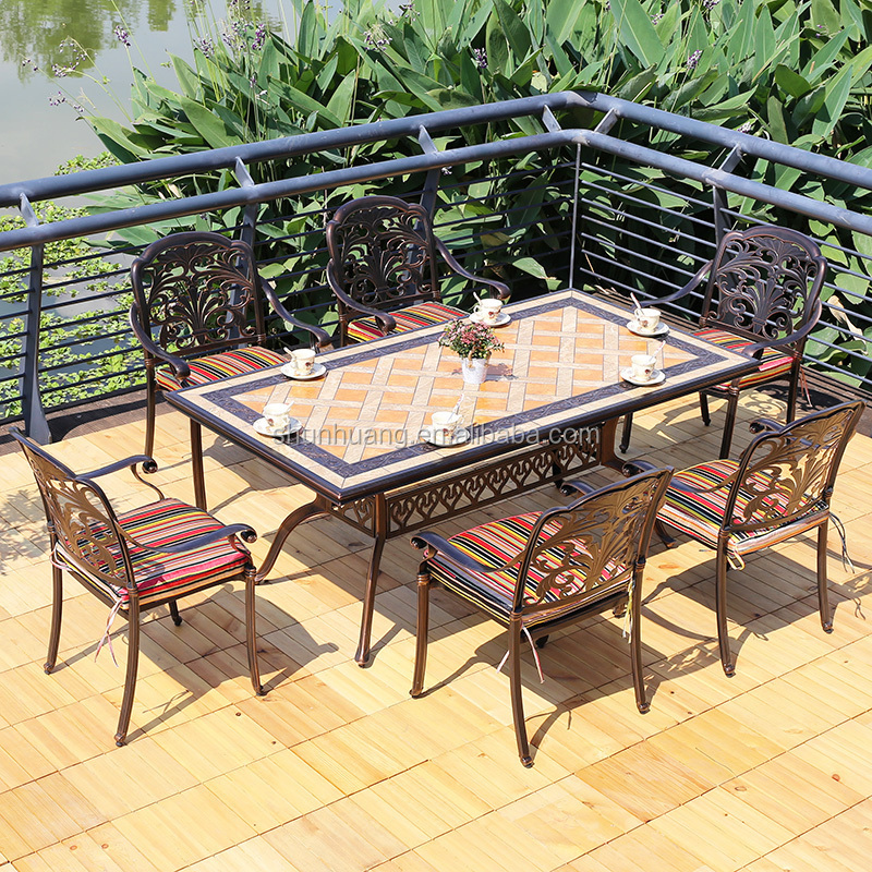 Good price cast aluminum furniture dining  chairs and marble table outdoor garden dining set