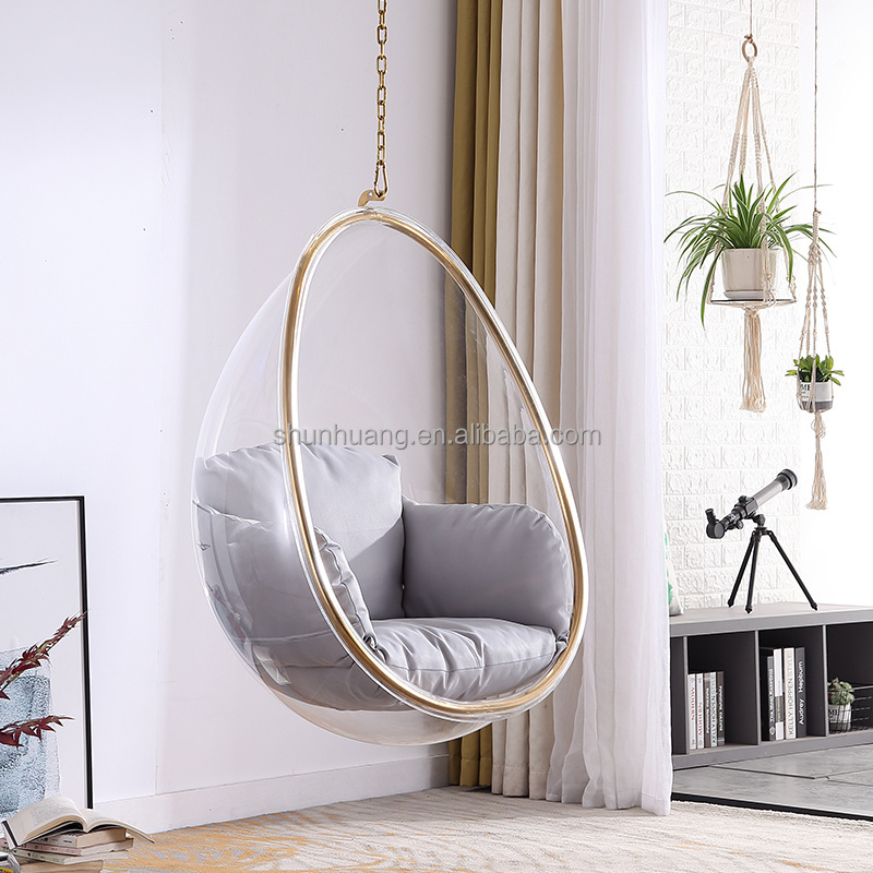 Leisure garden hammock swing chair stainless steel  acrylic hanging chair outdoor golden floor stand hanging bubble chair