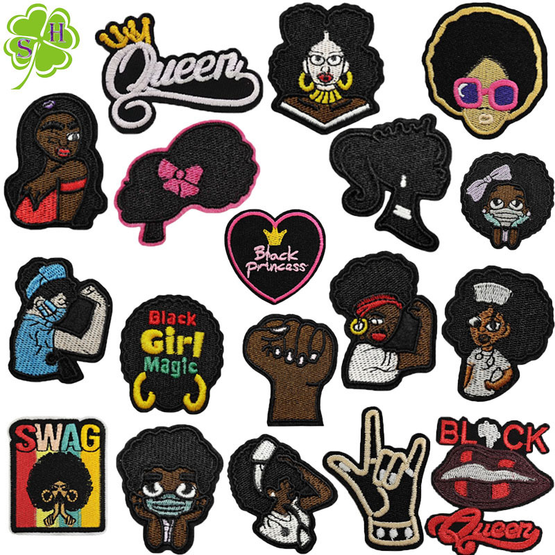 Free Sample Cute Girl Full Embroidered 0diy Clothes Black Girl Patches Embroidered Badges For clothing