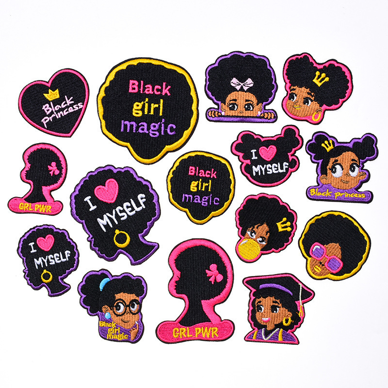 Free Sample Cute Girl Full Embroidered 0diy Clothes Black Girl Patches Embroidered Badges For clothing