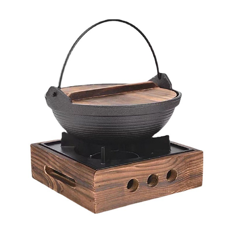 Cast Iron Sukiyaki with alcohol heater Wood Base Japanese Noodle Hot Pot witH Wood Lid