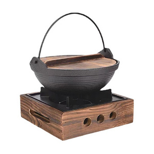 Cast Iron Sukiyaki with alcohol heater Wood Base Japanese Noodle Hot Pot witH Wood Lid