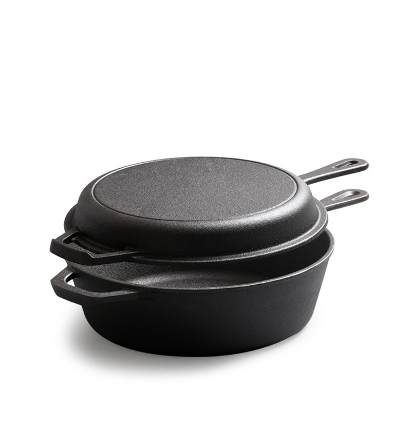 26cm Pre-seasoned Metal Combo Cooker with Long Handle Grill Pan 2 in 1 Cast Iron Dutch Oven