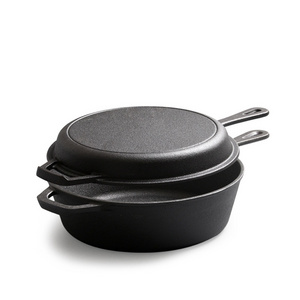 26cm Pre-seasoned Metal Combo Cooker with Long Handle Grill Pan 2 in 1 Cast Iron Dutch Oven