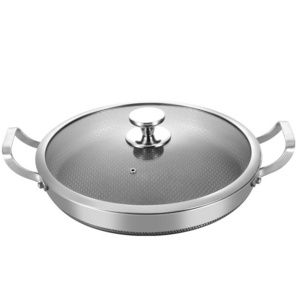 Stainless Steel  Flat Frying Pan With Cooking Lid Skillet Pan With Ears Non-stick Paella Pan Stainless Steel