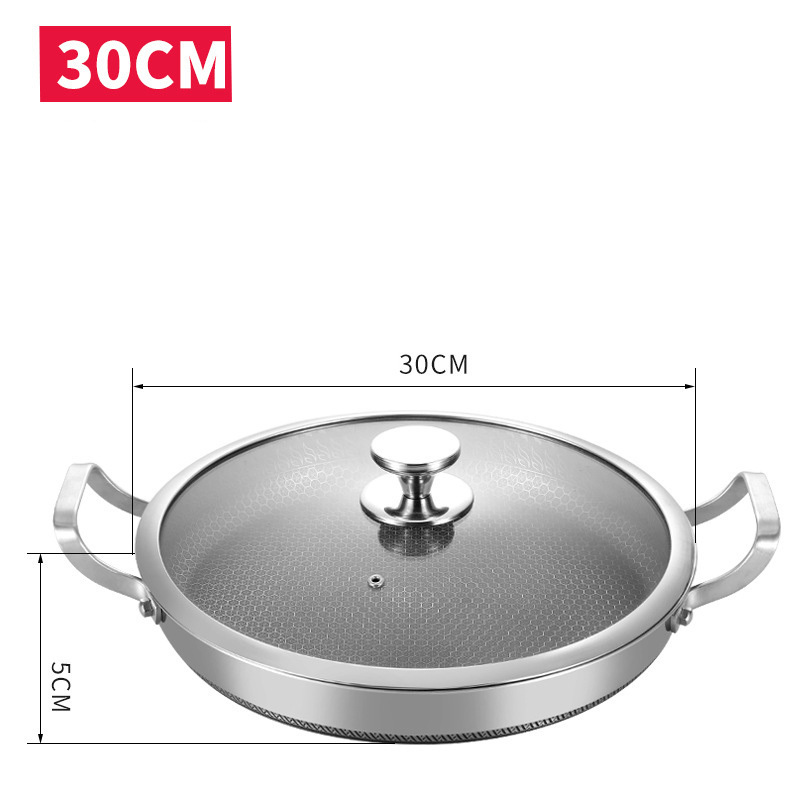 Stainless Steel  Flat Frying Pan With Cooking Lid Skillet Pan With Ears Non-stick Paella Pan Stainless Steel